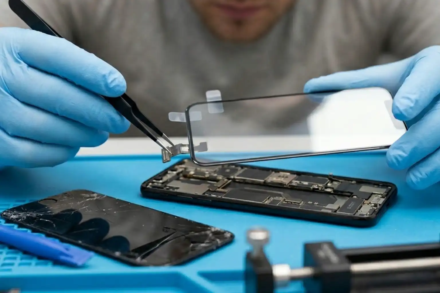 Technician replacing a cracked phone screen at Pine Cell Repair Sanford NC